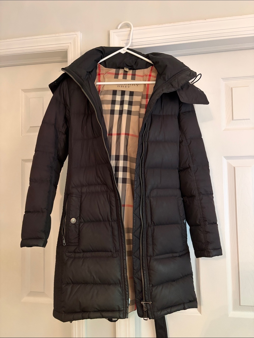 Burberry Black Quilted Long Puffer Coat with Classic Check Lining